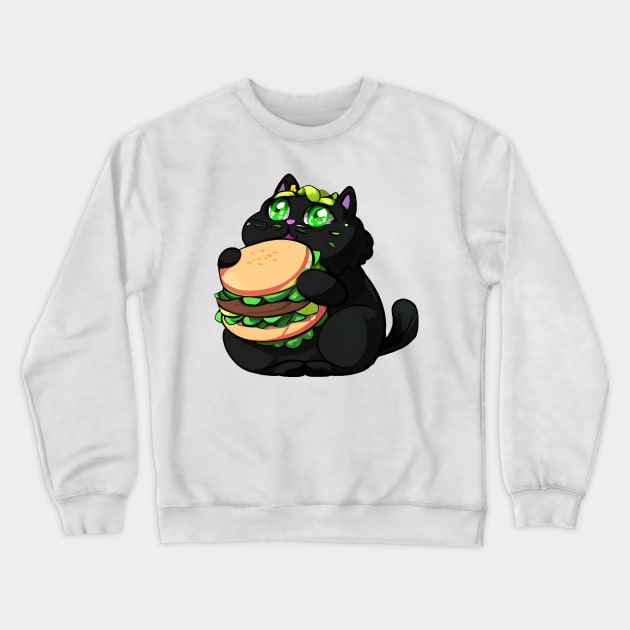 Black Fat cat eating burger Crewneck Sweatshirt by Meowsiful